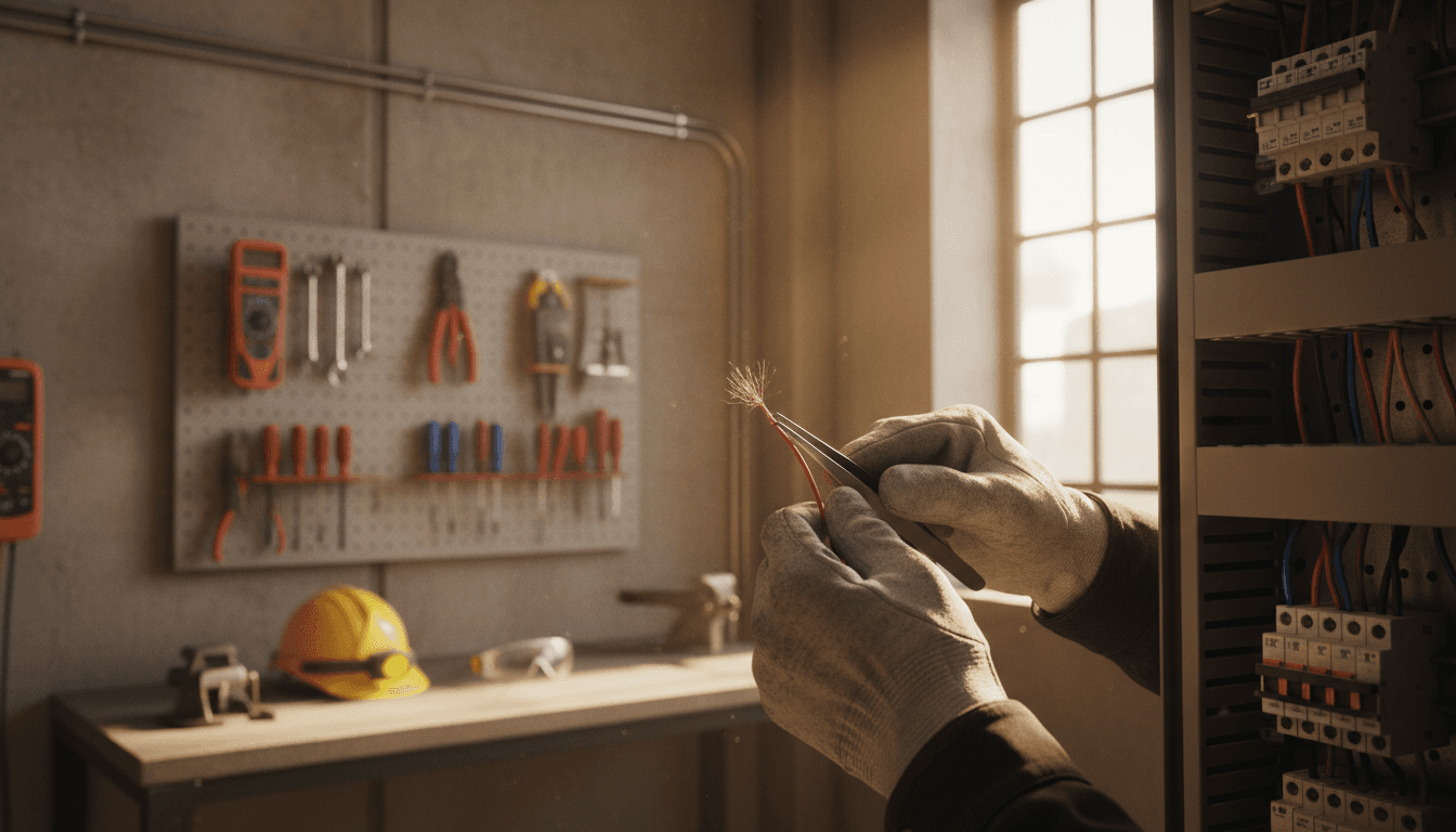 Electrician performing detailed electrical panel work with precision and care