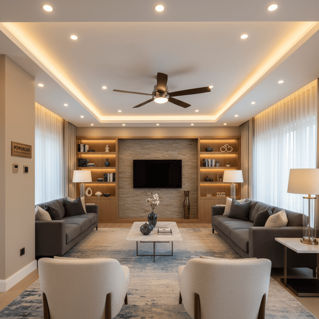Modern living room with grey sofas, white armchairs, marble coffee table, and warm built-in shelves.