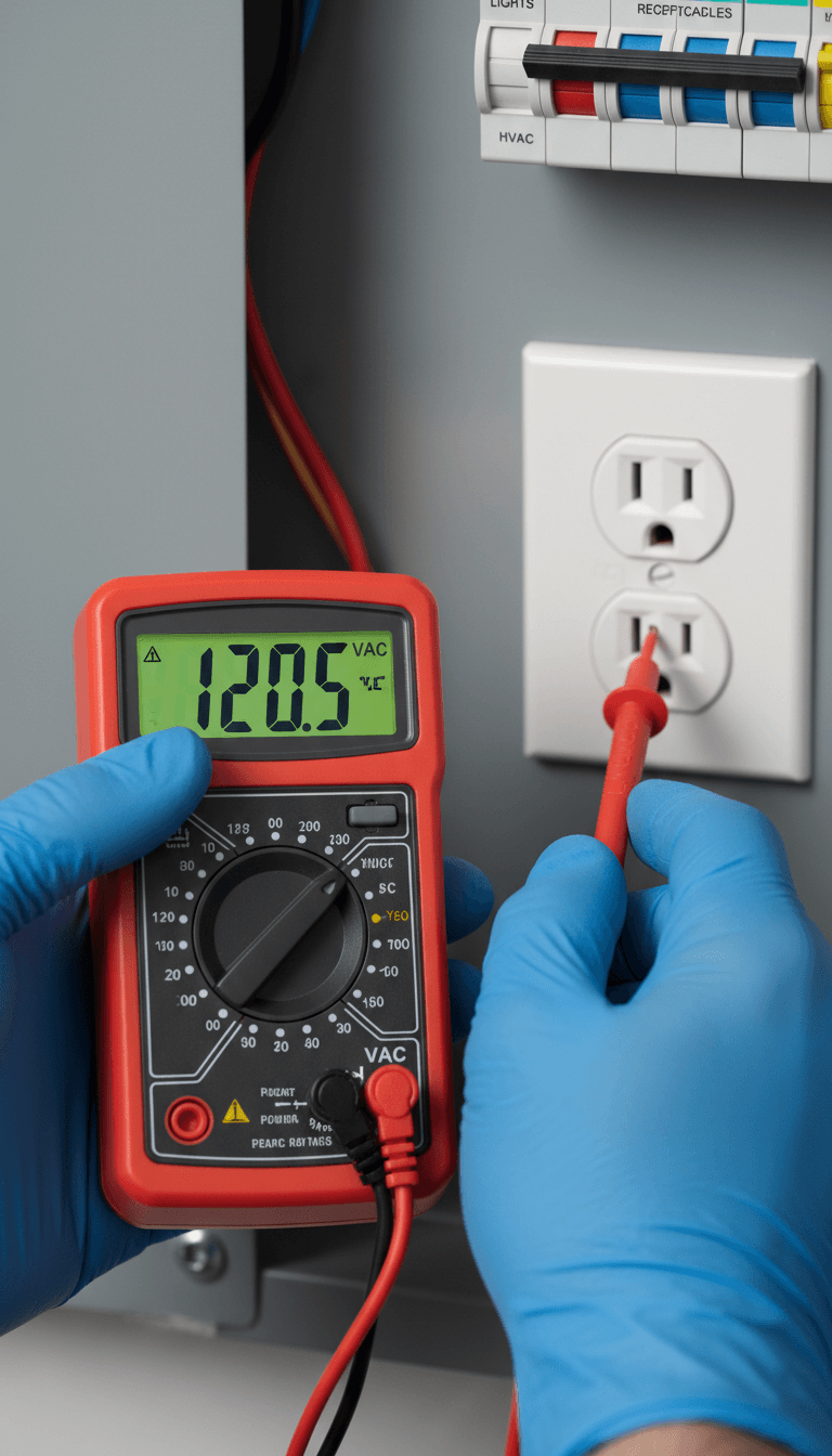 Electrician testing an outlet with a multimeter during a troubleshooting visit