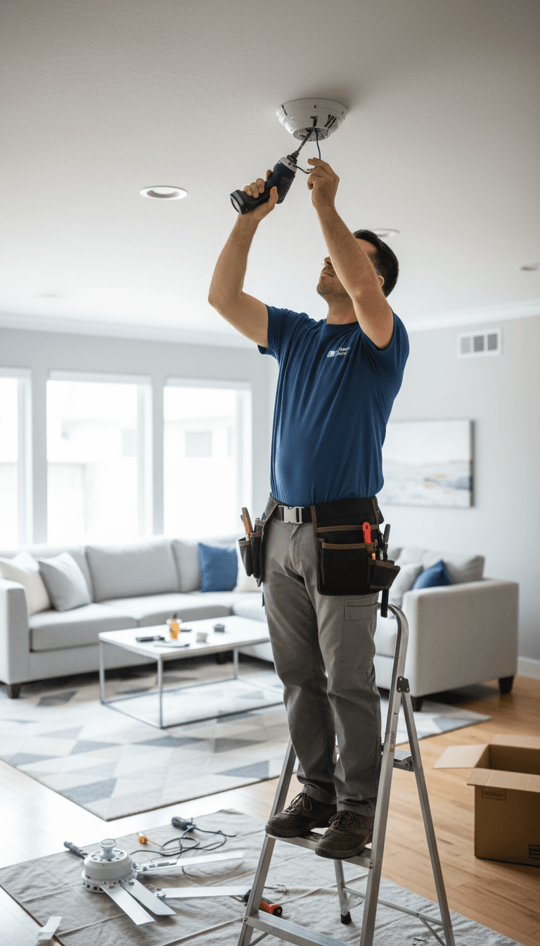 Electrician securing a ceiling fan during installation in a bright, modern room