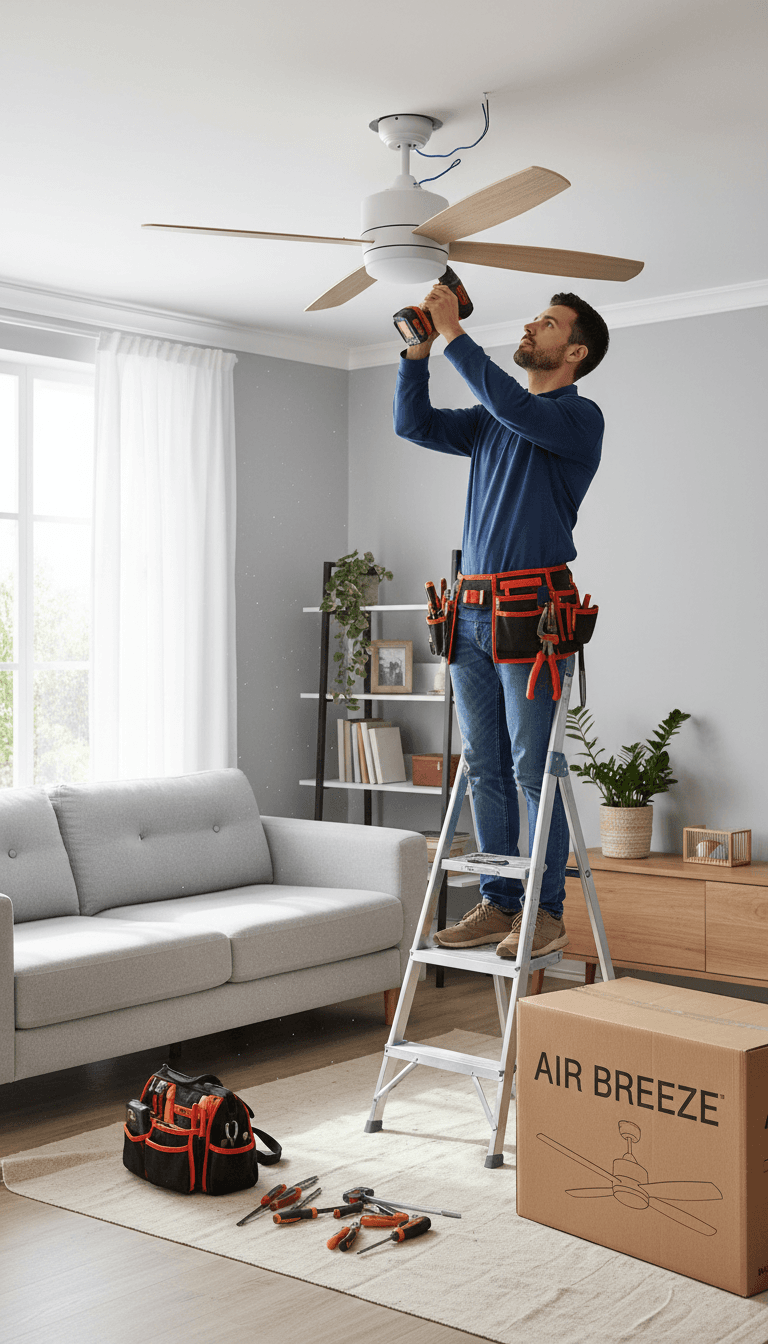 Electrician installing a ceiling fan in a residential room