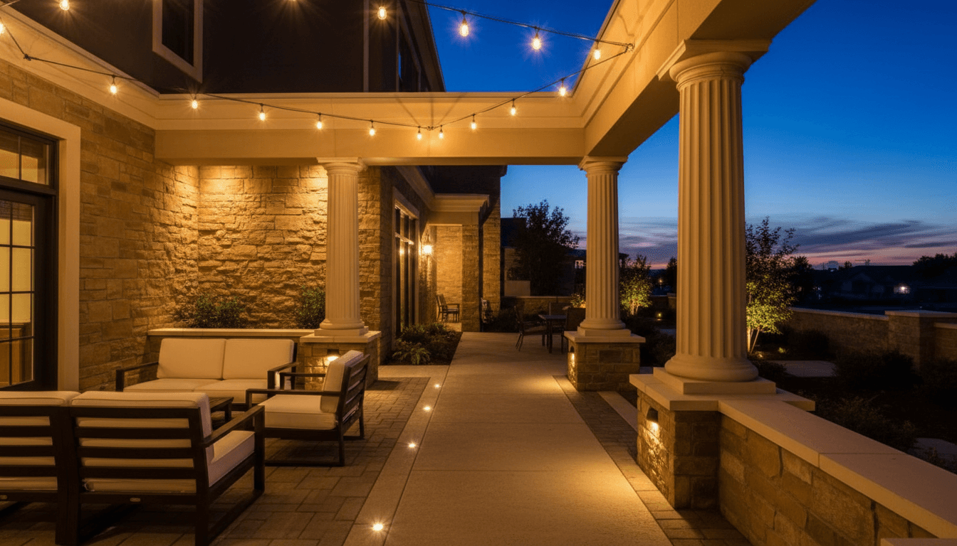 Outdoor patio with string lighting installation and weatherproof electrical outlets, evening ambient lighting